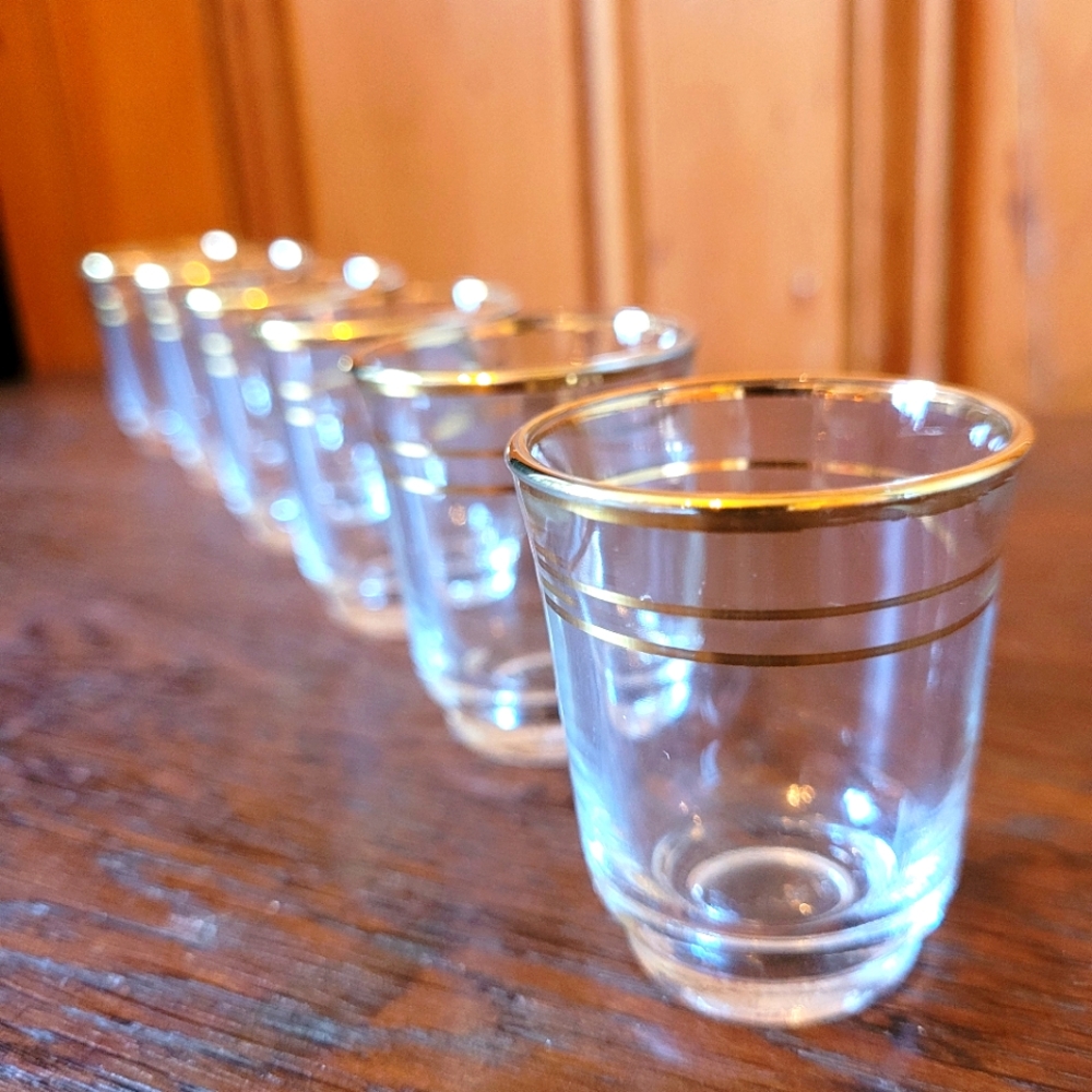 Set of 6 MCM Gold Rimmed Shot Glasses